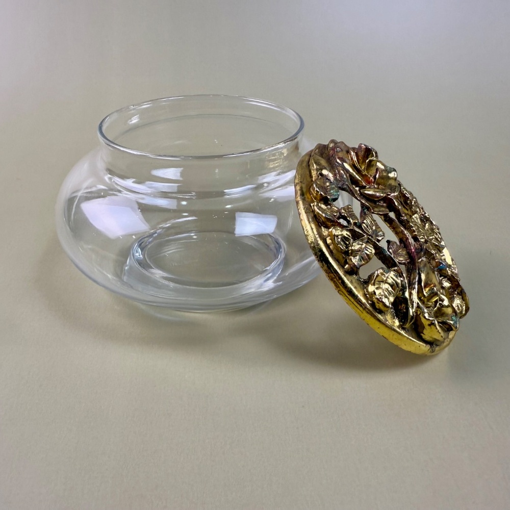 Vintage Glass Trinket Dish with Ornate Brass Rose Lid | Hollywood Regency Style - Picture 2 of 13